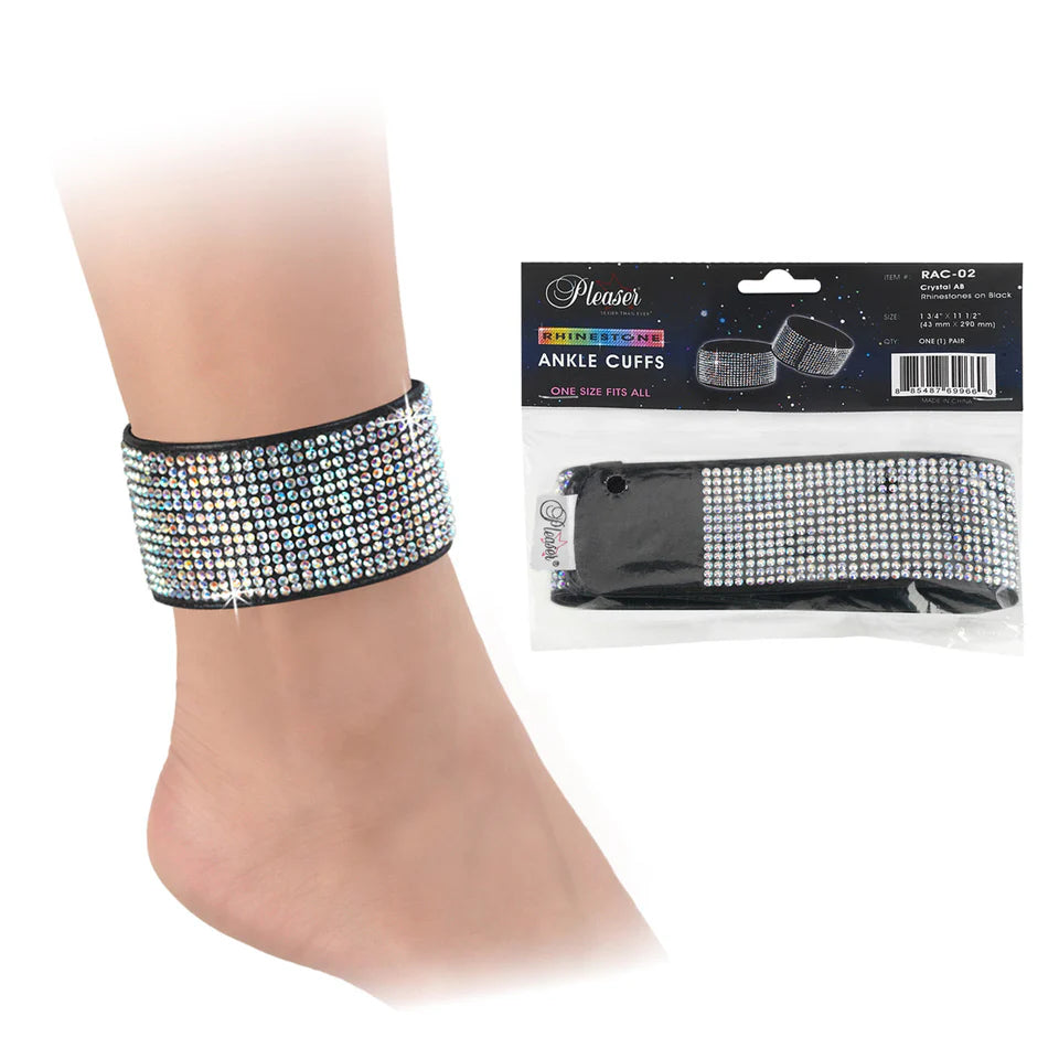 Pleaser Rhinestone Ankle Cuffs | Black - AB Rhinestones