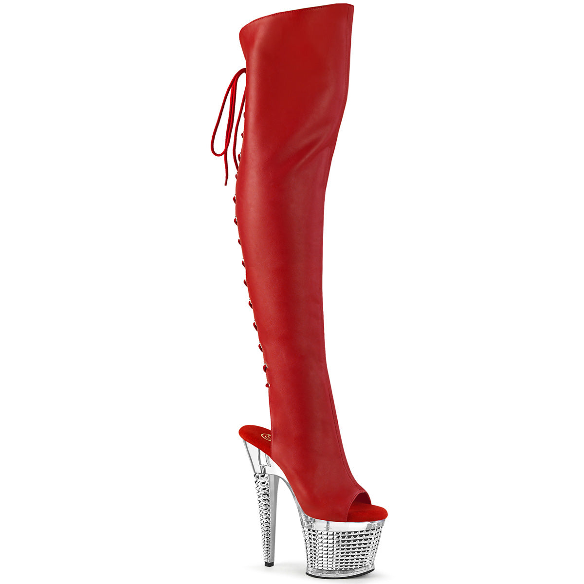 Red faux leather store thigh high boots