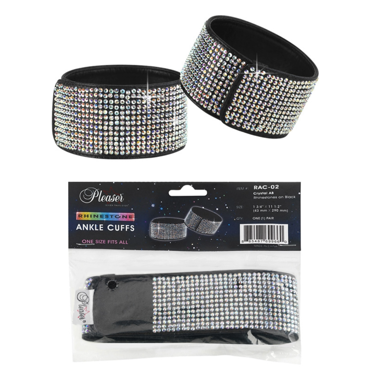 Pleaser Rhinestone Ankle Cuffs | Black - AB Rhinestones