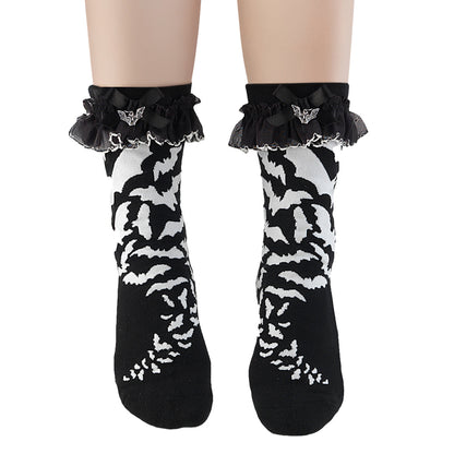 DemoniaCult Black Ruffle Bat Print Socks | DH 01