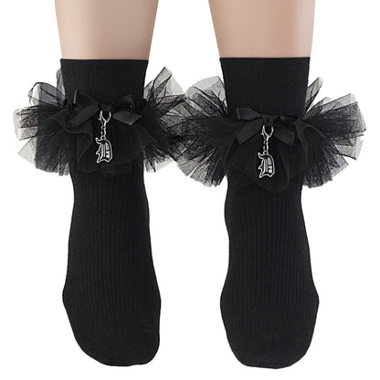 DemoniaCult Ruffle "D" Charm Socks | DH 102