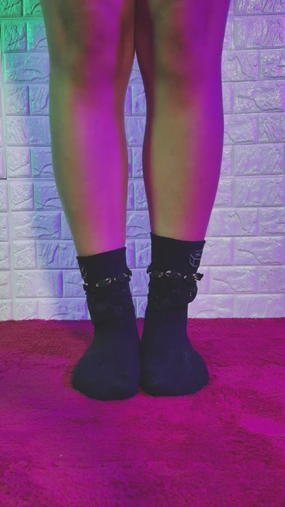 DemoniaCult Black Ruffle Bat Print Socks | DH 01
